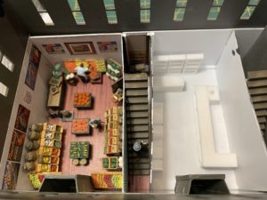 Trying out placement of pharmacy fixtures and furniture.