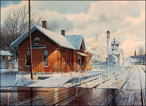 "All Aboard" by Charles Peterson, which appears on the living room wall.