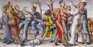 "The Fleet's In" by Paul Cadmus, which appears in the living room scene.